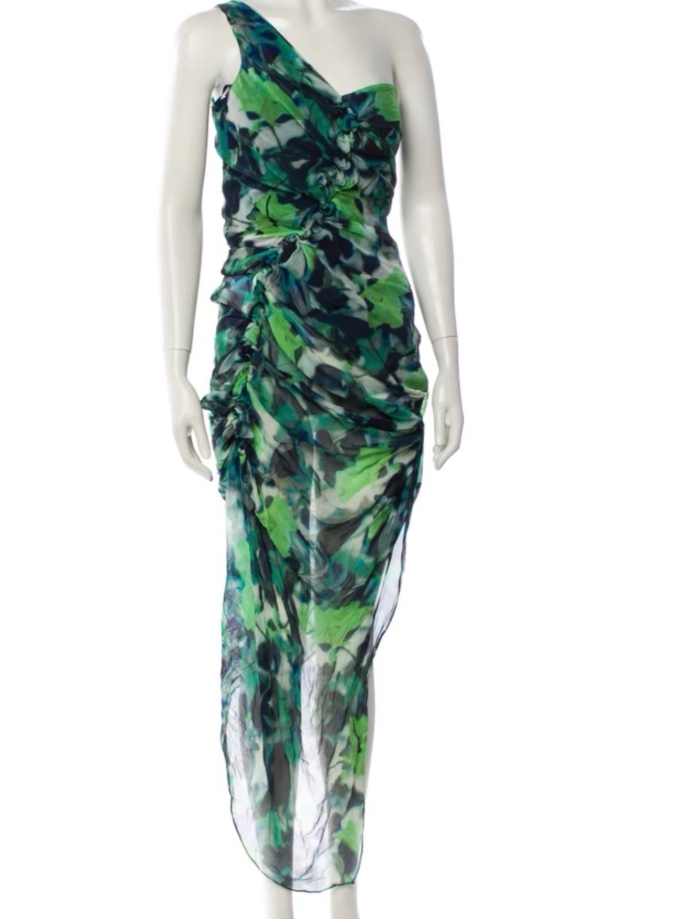 Diane Von Furstenberg Green & Blue Ruched Asymmetric Slip Dress
